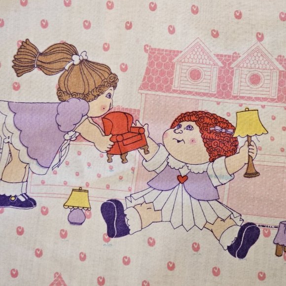 Vintage Cabbage Patch Kids Twin Bed Sheet 66 X 94 Fabric Upcycle White Pink - Picture 5 of 9